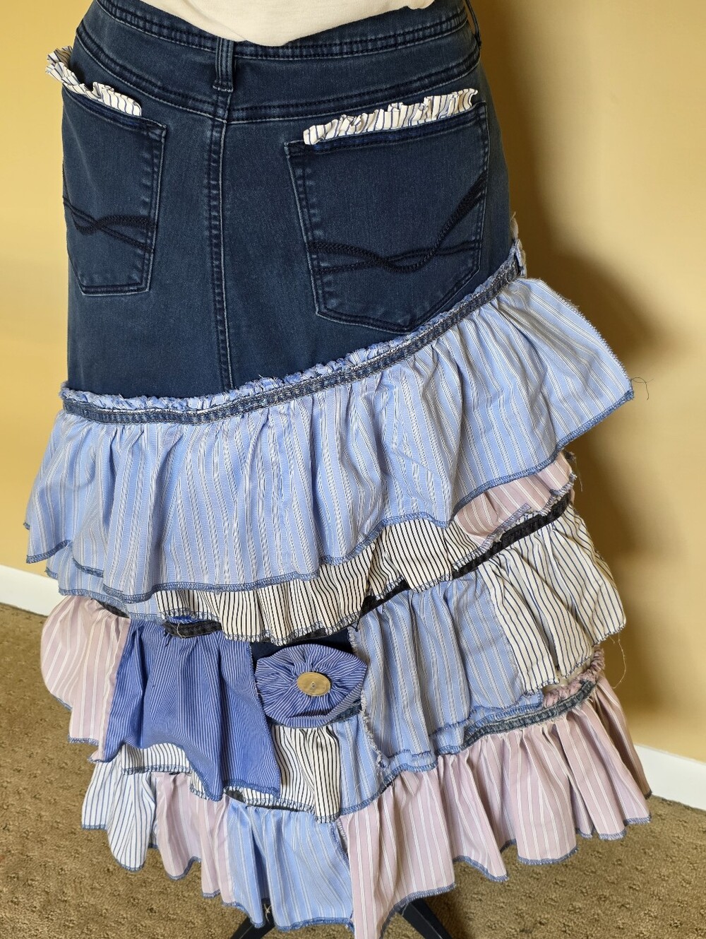 HAND CRAFTED Midi Skirt UPCYCLED Blue Denim Striped Shirt Ragged Plus Size 18w - Picture 3 of 11